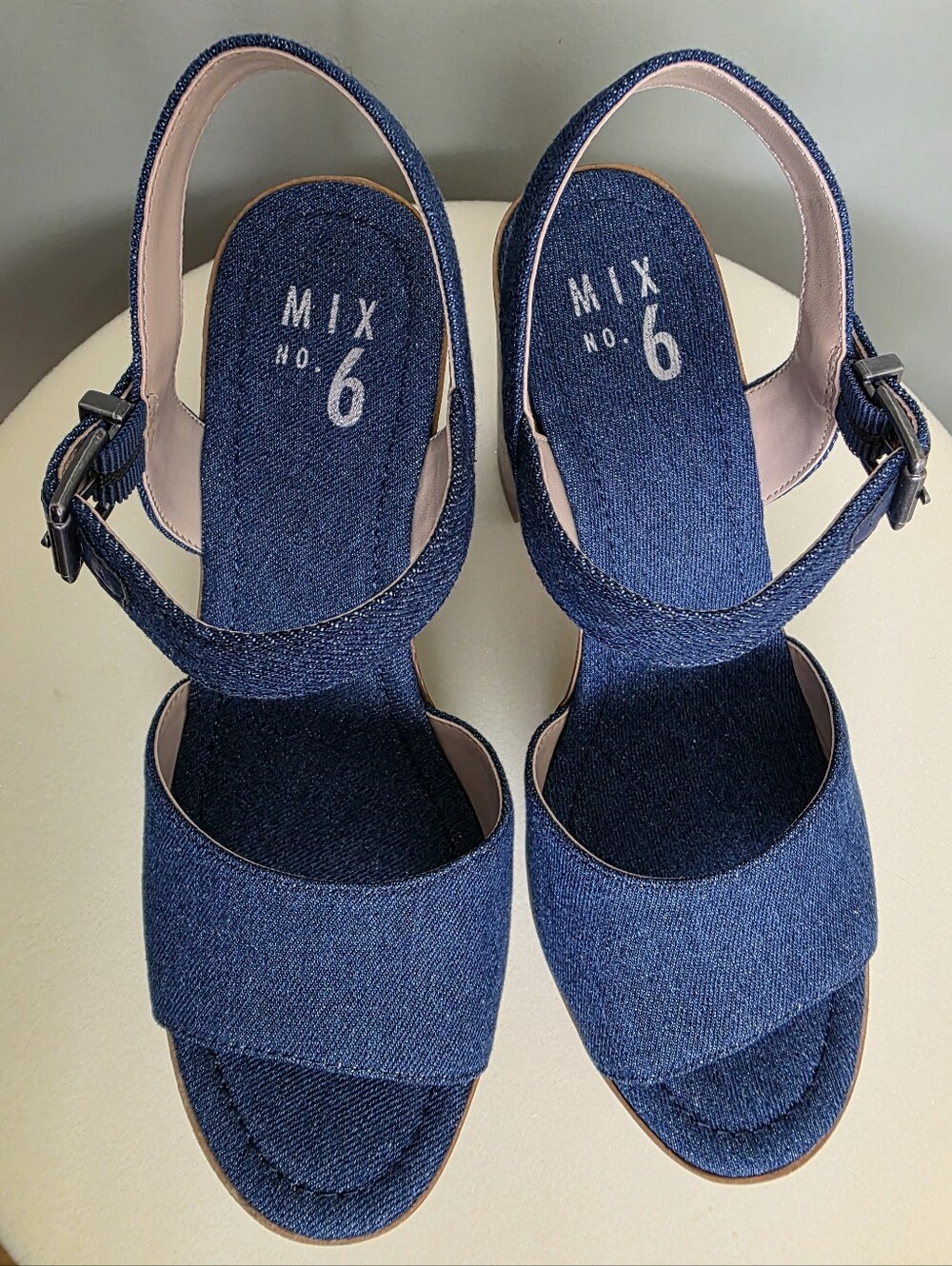 MIX No. 6 Carinda Denim Platform Sandals Indigo Blue Chunky Wood Heel 7.5M NEW - Picture 3 of 14